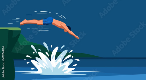 Athlete Diving Into Crystal Waters From High Cliff Diving into the Water for a Swim