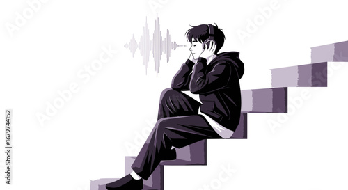 Boy Listening To Music On Headphones Relaxing On Stairs, Black And White Illustration