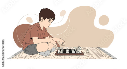 Boy playing chess, strategic board game with figures, sitting on the floor, indoor activity
