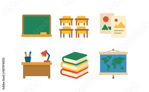 vector colorful flat filled icons transitional schooling (classroom): chalkboard desks in rows student projects teacher desk school books maps.
