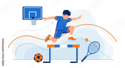 Athlete jumping hurdles with sports equipment in a vector illustration design
