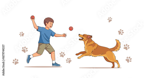 Boy playing fetch with his dog outdoors, enjoying quality time and having fun together