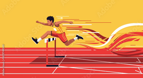 Athlete Jumping Over Hurdles During A Race, High Speed Movement And Dynamic Sport