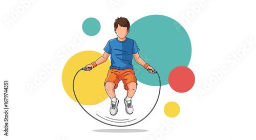 Athlete Jumping Rope During Exercise Against Colorful Background With Geometric Shapes