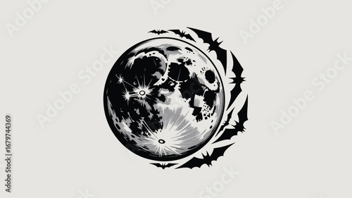 Mysterious full moon surrounded by silhouetted bats evokes Halloween night and spooky wonder