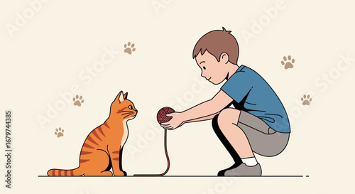 Boy playing with a cat and a ball of yarn on a cream-colored background cartoon