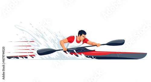 Athlete Paddling Kayak Rapidly Through Water Vector Illustration Isolated On White