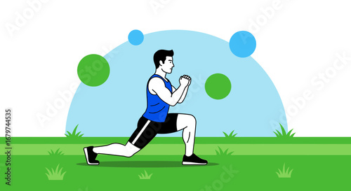 Athlete Performs Dynamic Lunge Exercise Outdoors Under a Bright Sky, Demonstrating Physical Fitness