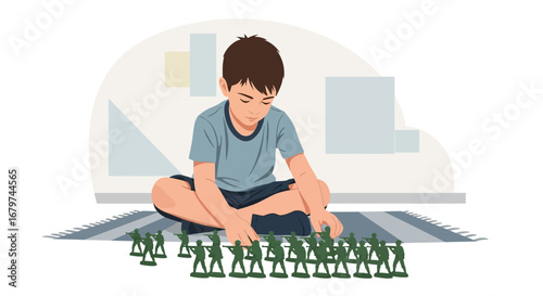 Boy Playing With Toy Soldiers Depicting Childhood Imaginative Moments And Games