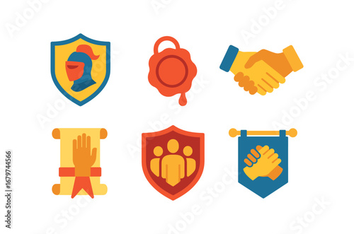 vector colorful flat filled icons loyalty (historic): knight crest wax seal handshake oath scroll family emblem alliance banner.