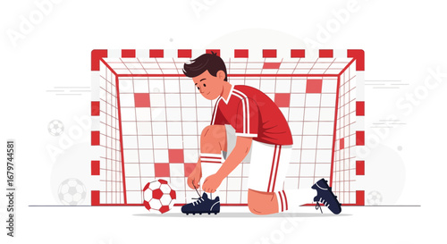 Athlete Preparing For Soccer Game, Tying Shoe's Lace Near Goal After Training