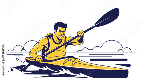 Athlete Prowling The Waters, Intense Kayaking Illustration, Vector Water Sports Design