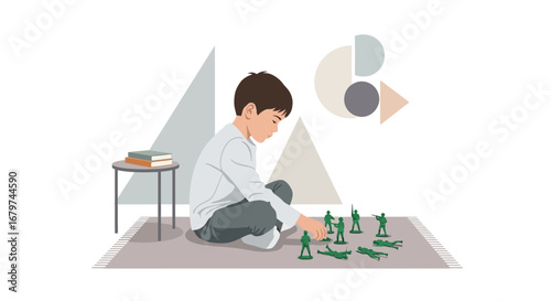 Boy Playing With Toy Soldiers On A Rug, Child's Leisure Activity, Graphic Design Concept