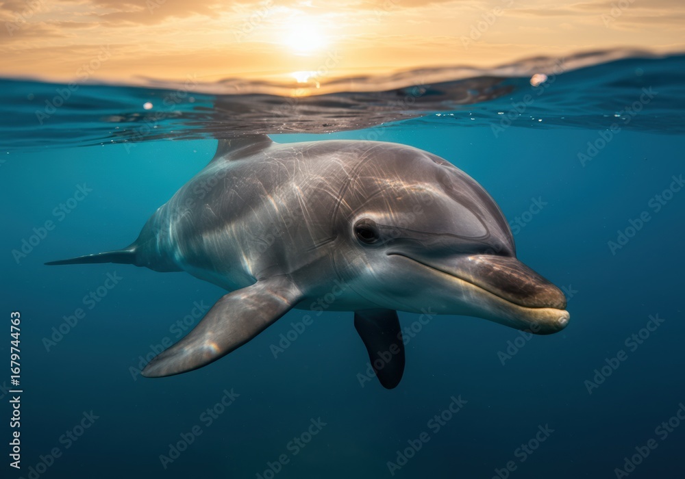 Naklejka premium A beautiful dolphin swims through the clear ocean at sunset in this stunning image.