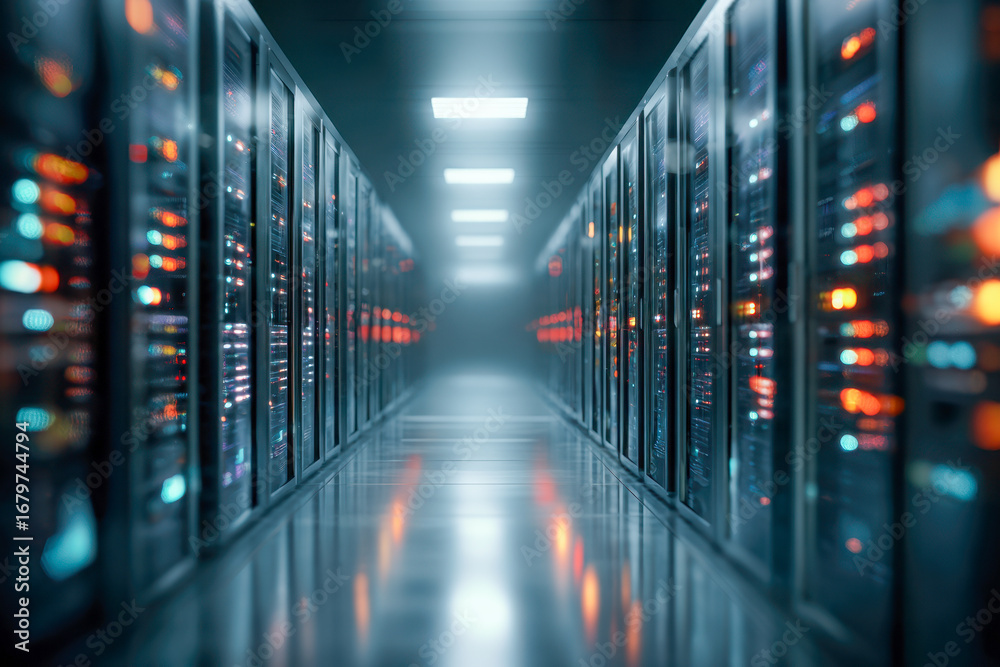 Fototapeta premium A futuristic data center corridor lined with illuminated server racks showcasing advanced technology in a high-tech environment with cool blue and orange lighting effects