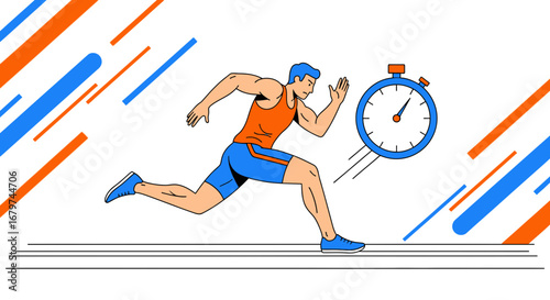 Athlete Running Towards Goal With Speed Concept Shown Next To Stopwatch