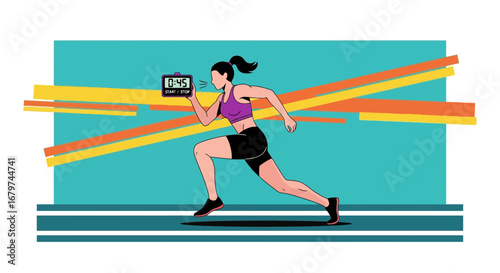 Athlete Runs While Monitoring Time, Achieving Speed As Illustration Focuses On The Sport