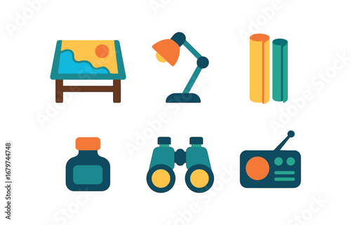 vector colorful flat filled icons marine cartographer (workspace): chart table lamp rolled maps ink bottle binoculars weather radio.