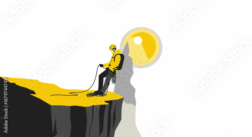 Athlete Scaling Cliff Face Illustration With Geometric Shapes And Bright Yellow Elements