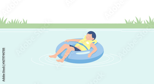 Boy Relaxing on a Floaty in a Lake Wearing a Life Vest, Summer Fun Time