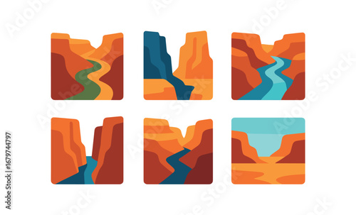 vector colorful flat filled icons coulee (aerial): winding valley rocky cliffs layered colors shadow play narrow channel open horizon.