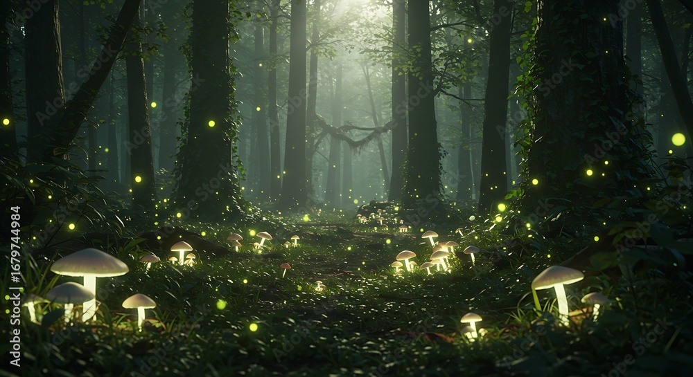 Obraz premium A magical forest scene with glowing mushrooms and light filtering through trees.