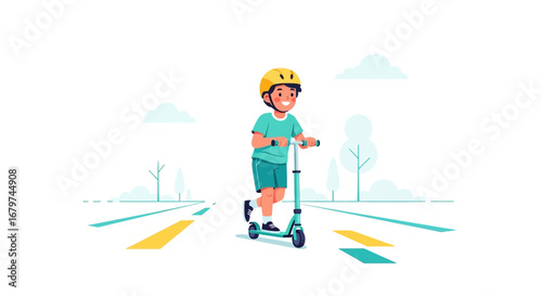 Boy Scooting Safely On Path Through Urban Landscape Outdoors During A Sunny Day