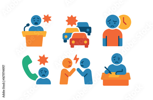vector colorful flat filled icons composure under stress (daily life): public speaking traffic jam tight deadline emergency call intense debate exam room.