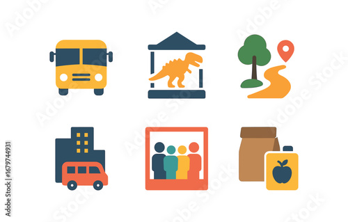 vector colorful flat filled icons transitional schooling (field trip): bus ride museum display nature trail city tour group photo packed lunch.