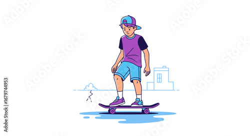 Boy Skateboarder Vector Illustration Performing Tricks In An Energetic, Trendy Style