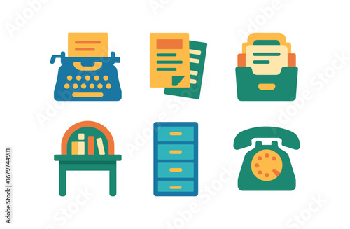 vector colorful flat filled icons fact checker (historic): typewriter paper clippings index cards library desk filing cabinet telephone.