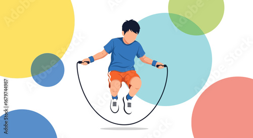 Boy Skipping Rope Illustrative Joyful Exercise with Trendy Colorful Geometric Background