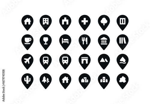 vector solid black filled icons Map Pin (Types) mappin home mappin work mappin school mappin hospital mappin park mappin shop mappin cafe mappin bar mappin hotel mappin restaurant mappin.