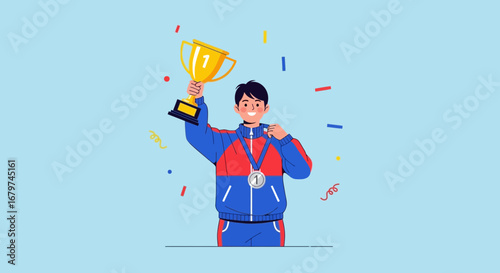 Athletic Achievement: A Champion's Trophy Celebration and Medal Winner Triumph