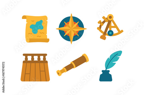 vector colorful flat filled icons marine cartographer (historic): parchment chart hand drawn compass rose sextant wooden ship deck spyglass ink quill.