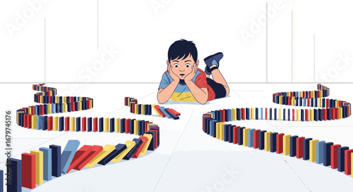 Boy Watching Domino Effect As They Create a Strategic Chain Reaction Entertainment