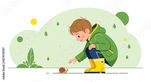 Boy with a green raincoat and yellow boots looking at a snail illustration in a sunny day
