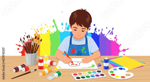 Boy With Paint Supplies Creates Vibrant Painting in Artistic And Creative Workplace