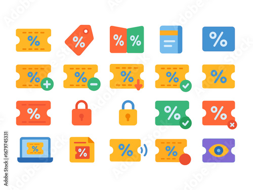 colorful flat vector icons Coupon (Basic) coupon icon coupon tag coupon ticket coupon card coupon add coupon remove coupon open coupon closed coupon active coupon inactive coupon saved.
