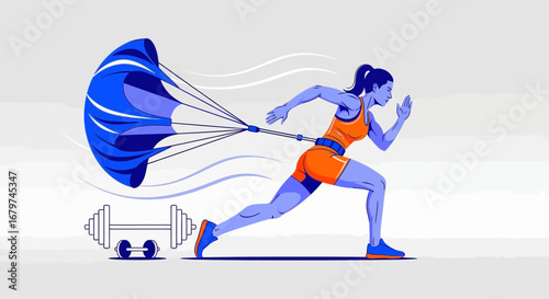 Athletic Woman Training With Parachute and Weightlifting, Fitness Inspiration Illustrated