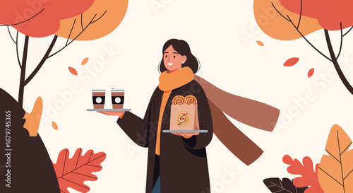 Autumn Afternoon: Woman Delivers Coffee And Pastries Surrounded By Autumn's Hues