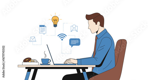 Businessman working on laptop with coffee and snacks, wifi and creative idea concepts