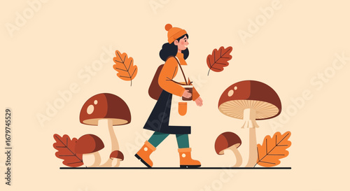Autumn Stroll Depicts A Woman Enjoying A Coffee Walk Amongst Mushrooms And Leaves Scene