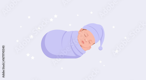 Calm Infant Embracing Sleep, Swaddled and Capped, Amidst Gentle Animated Galaxy Imagery