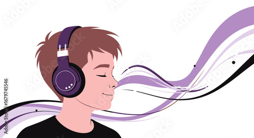Calm Contemplation: A Person Immersed In Music With Flowing Artistic Elements