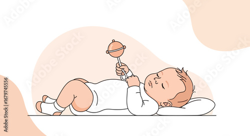 Calm Infant Holding Rattle Illustration, Tranquil Sleep, Cute Baby, Vector Art