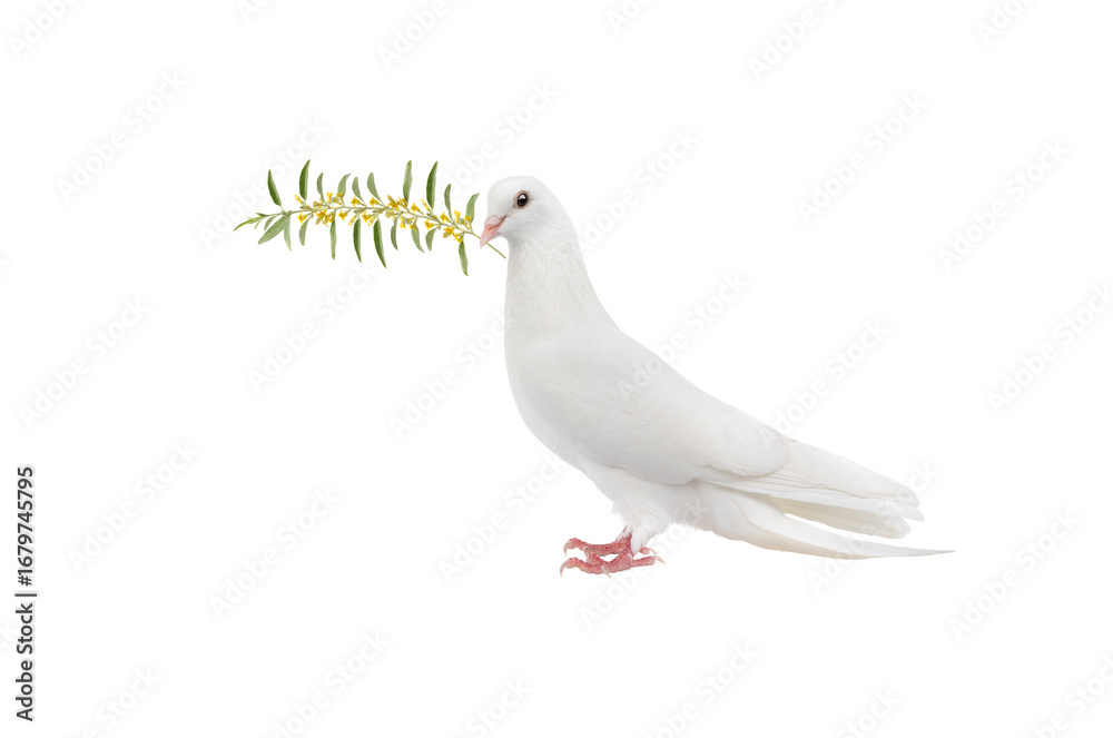 Fototapeta premium white pigeon on a white background with an olive branch