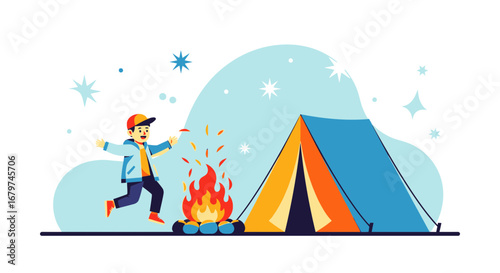 Camping Adventure: A Boy Enjoying a Campfire and Tent Under the Stars