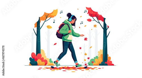 Autumnal Walk: Girl Enjoys Music With Headphones Amongst Fall Foliage Outdoors