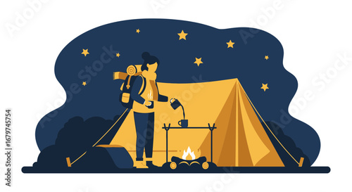 Camping Adventure: A lone backpacker making coffee in the wilderness under the stars